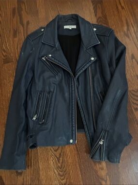 IRO Navy Leather Moto Jacket with Silver Hardware